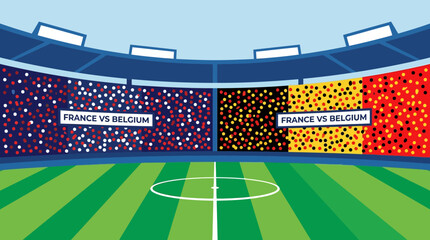 Soccer stadium with France vs Belgium match illustration showing green field and colorful stands © Fendi