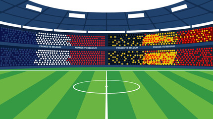 A packed stadium hosts a soccer match with enthusiastic fans in seats and a green field. © Fendi