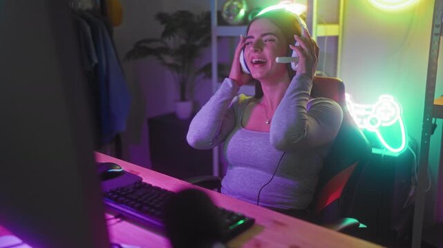 Woman adjusts gaming headset with hands while smiling at computer keyboard in streaming studio; joyful connection.