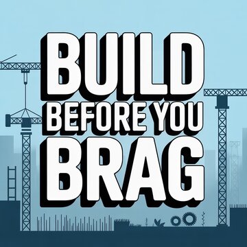 Bold build before you brag typography design with construction equipment and cityscape background, motivational quote for success