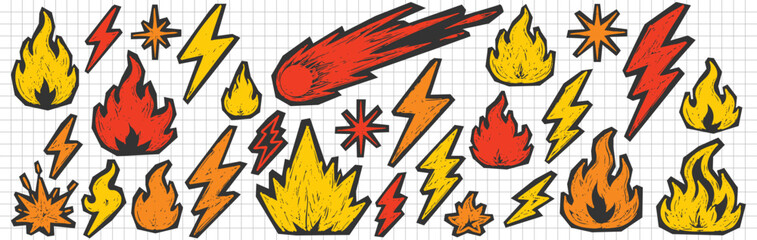 Collection of hand-drawn doodle style fire, flame, lightning bolt, and meteor icons isolated on white background. Vector illustration set. © Zbrake Studio