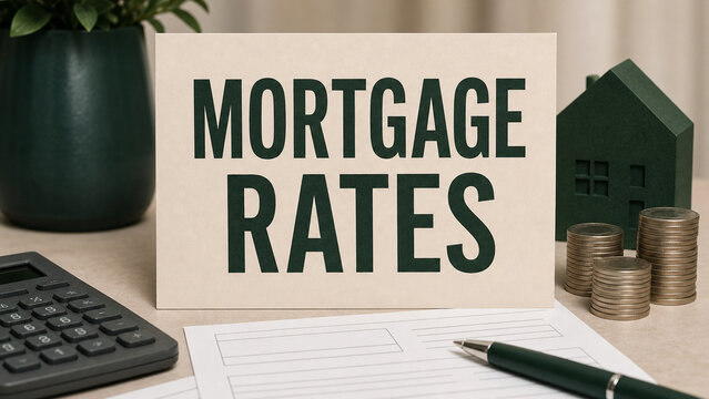 Conceptual finance image showing a mortgage rates sign with house model, stacked coins, calculator, pen, and paperwork on a desk.