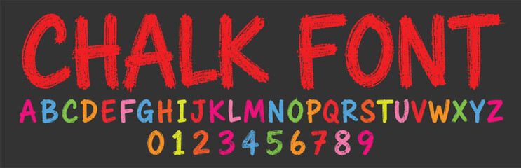 A colorful collection of handwritten chalk style letters and numbers isolated on a dark textured background. © Zbrake Studio