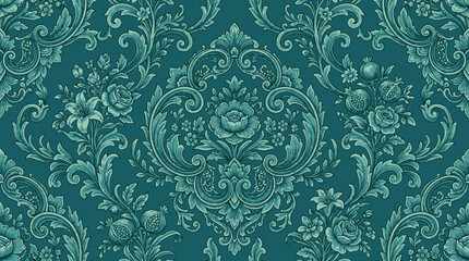 Seamless teal damask pattern with vintage baroque floral ornaments. © Sendang