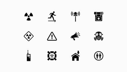 Fototapeta premium Modern minimalist vector icons set featuring emergency health and hazard symbols on clean background with safety equipment against pure white backdrop