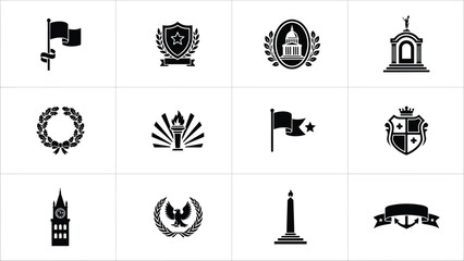 Twelve classic black and white symbolic icons with minimalist collection twelve distinct symbols arranged 4x3 grid architectural elements domes towers © Jayshri