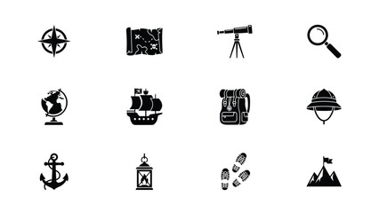 Fototapeta premium Exploration themed black flat icons set with all set against clean white background bold showcases collection twelve high contrast minimalist style uniform perspective