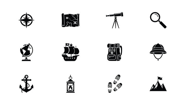Exploration themed black flat icons set with all set against clean white background bold showcases collection twelve high contrast minimalist style uniform perspective