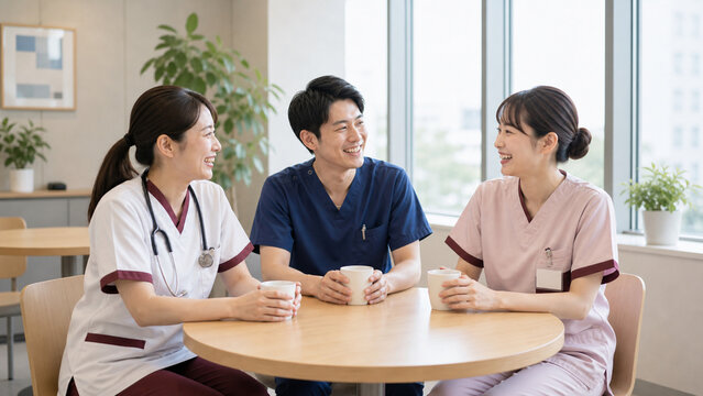 Clinic staff laughing around small cafeteria table