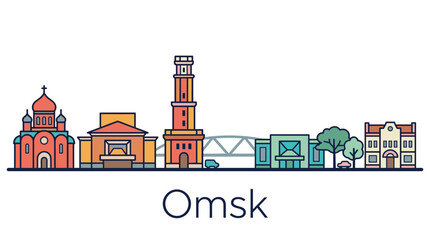 Obraz premium Omsk Russia city skyline landmarks minimalist vector illustration