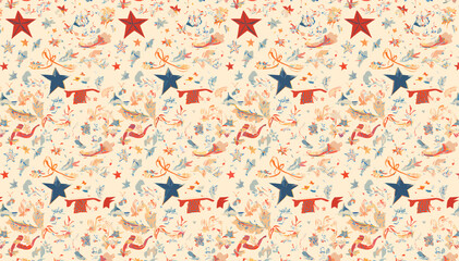 Fototapeta premium Seamless pattern with festive winter elements including red and blue stars, snowmen, reindeer, and hats on a light background.