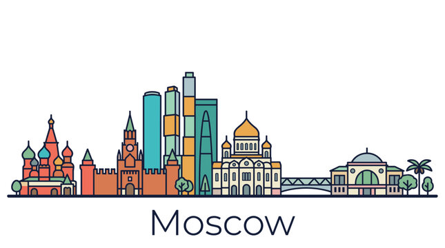 Moscow skyline landmarks vector illustration with Saint Basil Cathedral and Kremlin
