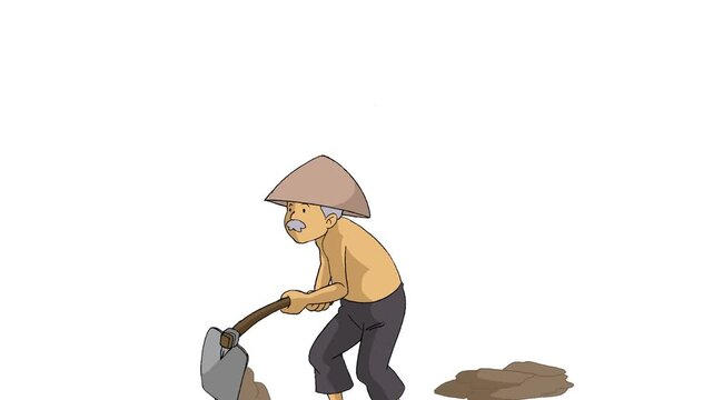 Animated farmer hoeing the soil in the farm field, alpha channel, transparent background 