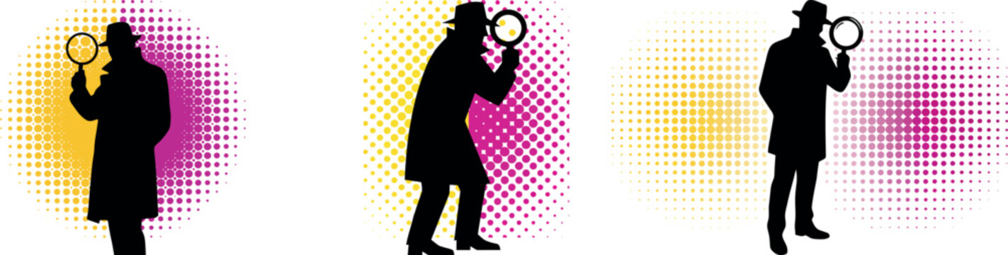 Vector silhouette collection of a man experiencing creative ideas, confusion, stress, and deep thinking, illustrated with colorful halftone backgrounds and expressive thought symbols.