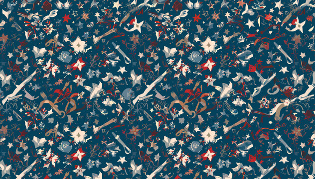 Seamless pattern featuring traditional Japanese ninja and samurai weapons like katanas, shurikens, and kunai on a dark blue background, with a hand-drawn aesthetic.