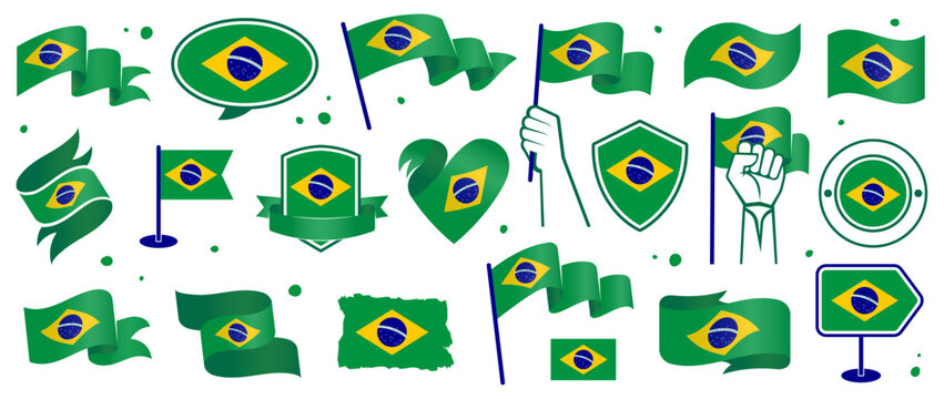 Brazil Flag Set in Different Styles, Brazilian Pennants, Ribbons, Shields, Badges, Hearts