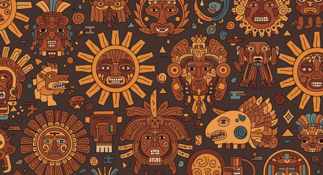 Ancient aztec and mayan civilization pattern featuring traditional masks, sun symbols, and tribal geometric decorations.