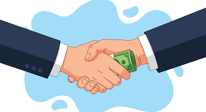 Secretive bribery concept showing a handshake where cash is being exchanged behind someone's back in a shady business deal.