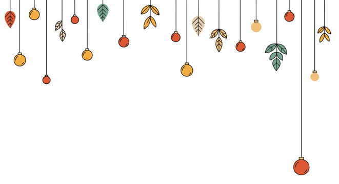 Decorative border featuring various hanging ornaments, baubles, and colorful autumn leaves on long strings against a white background.
