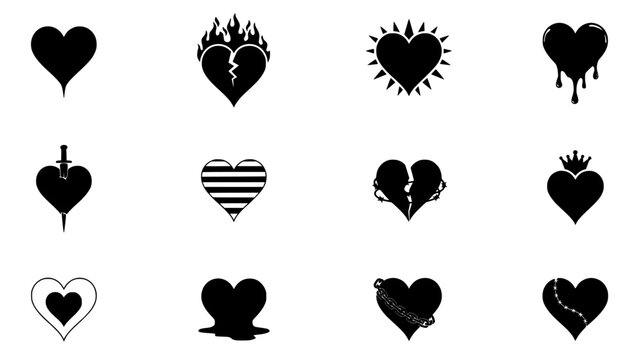 Hearts with Various Abstract Designs and Styles Featuring Heart, Love, Symbol with Design and Black Elements for White, Stylized