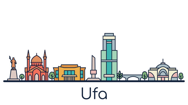 Ufa city skyline with famous landmarks minimalist vector illustration