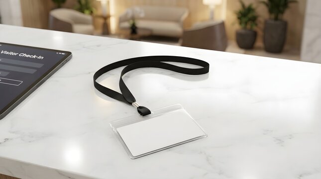Blank visitor pass with black lanyard on reception desk beside digital check in tablet