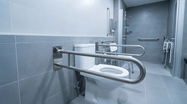 Accessible bathroom with toilet support rail system shower area and mobility equipment