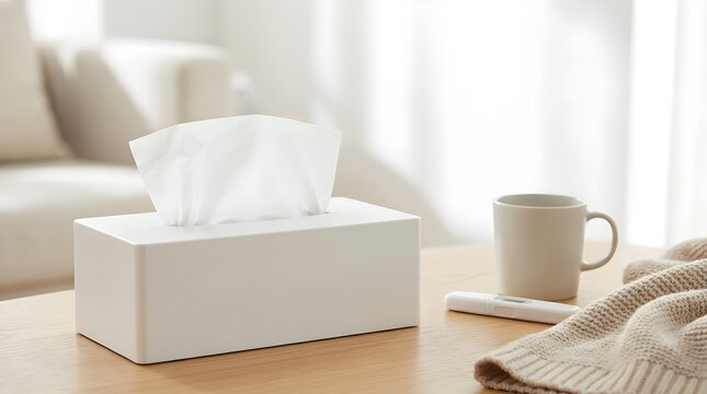 White tissue box on bedside table with thermometer mug and blanket for allergy season care