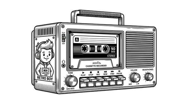 Retro Boombox with Cartoon Boy Illustration, Vintage Cassette Player