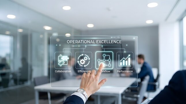 Business consultant using operational excellence workflow interface in modern office