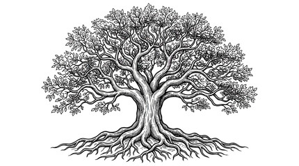 Intricate Ink Drawing of a Majestic Oak Tree with Deep Roots © kholid
