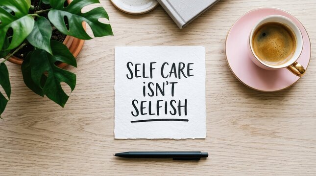 Desk top view with coffee cup plant and a message card saying self care isn't selfish