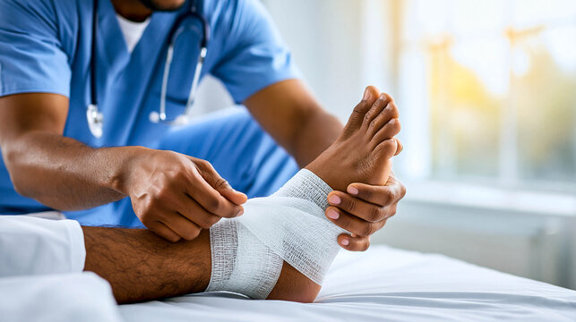 A medical worker in a blue uniform carefully applies an elastic bandage to the injured foot of a patient lying in a hospital bed, close-up.