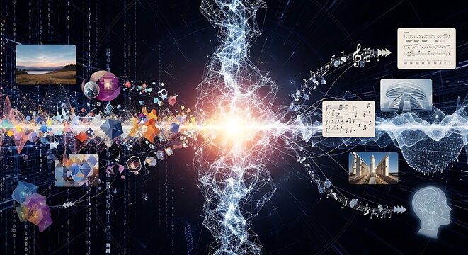 Artistic visualization of data processing and creative content creation showing images and music notes flowing into energy.