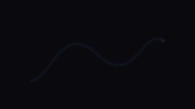 Abstract Blue Glowing Arrow Moving Along Wavy Dashed Line Path on Black Background Representing Growth Progress Success and Digital Journey