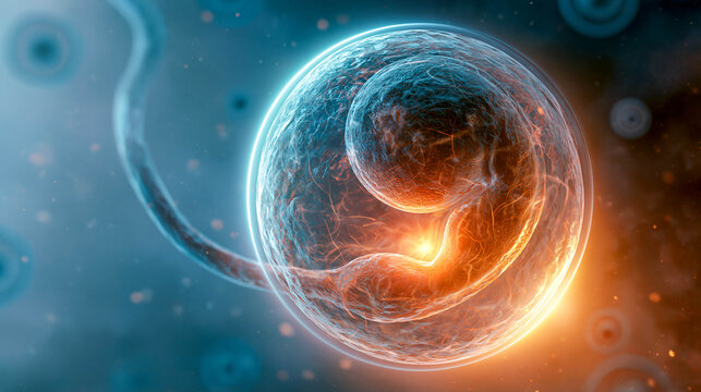 Human embryo in a glowing ball-cell on a blue background, a detailed macro image of an early stage of embryo development. Embryology, pregnancy, conception concept.
