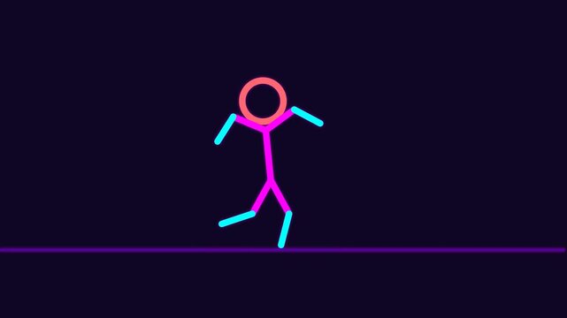 Minimalist Neon Stick Figure Running Character on Dark Background, Vibrant Glowing Colors Motion Graphics for Tech, Fitness, and Gaming Industry Concepts