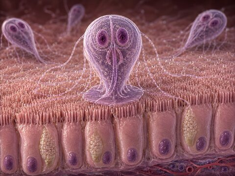 Giardia lamblia Parasites Attached to Small Intestinal Villi Ultra Realistic Medical Illustration