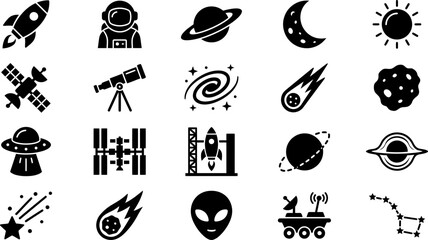 Cosmos and outer space exploration icons with astronomy astronaut satellite telescope universe © MD JAHID
