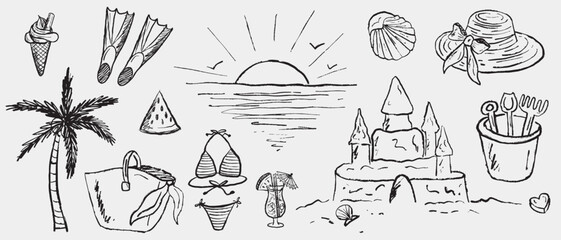 Summer beach vacation icons set with sunset, sandcastle, palm tree, and swim accessories. Hand drawn vector sketch illustration in vintage doodle crayon charcoal style © Nataliya Pokrovska