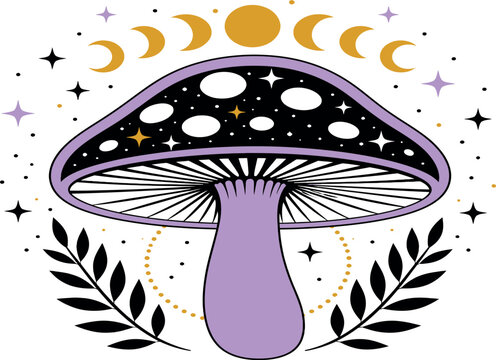 Mystical Celestial Mushroom Vector Illustration with Moon Phases, Magical Stars, and Botanical Leaves for Boho Decor, Witchy Occult Art, and Spiritual Cosmic Graphic Design Projects.