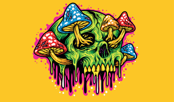 Trippy Psychedelic Skull Vector Illustration Featuring Melting Green Head and Colorful Polka Dot Mushrooms. Creative Surreal Artwork for Streetwear, Posters, and Artistic Backdrops.