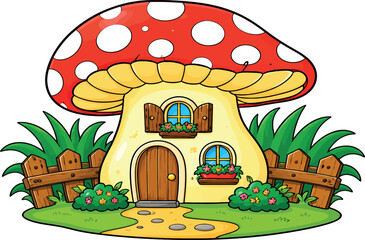 Fototapeta premium Colorful Cartoon Amanita Muscaria Mushroom House with Windows, Door, Garden, and Fence Isolated on White Background, Enchanted Forest Dwelling Vector Art Illustration for Children.