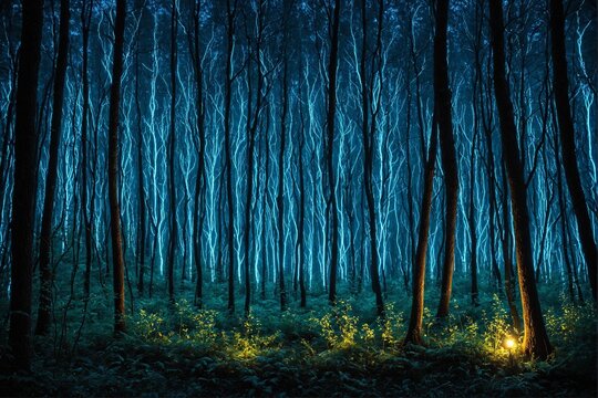 alien blue dark forest in the morning