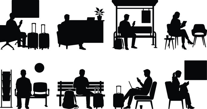 Travel Waiting Area and Passenger Human Silhouette Collection Featuring Airport Lounge Bus Stop and Mobile Device Use