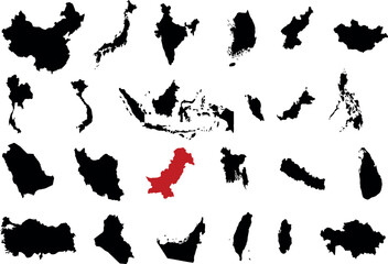 Collection of Asian Country Map Silhouettes Featuring China Japan India Indonesia and Highlighted Red Pakistan Map Vector Illustration for Education Geography and Travel Design © Sadek