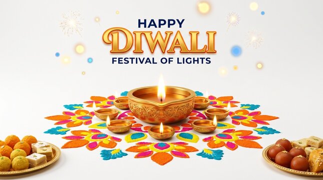 Happy Diwali Festival of Lights greeting, traditional clay diya oil lamp on colorful rangoli, Indian sweets and desserts on white background