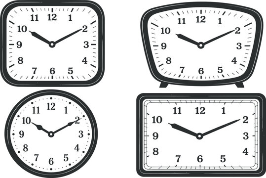Collection of Retro Style Vector Clock Faces with Various Shapes Including Square, Round, and Rectangular Designs for Time Management and Office Decor Illustrations and Icons