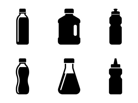Set of black bottle icons vector silhouette including plastic water bottle, gallon jug, sports flask, beaker, and squeeze dispenser