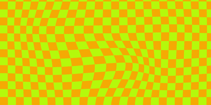 Groovy retro orange and green checkered optical illusion background